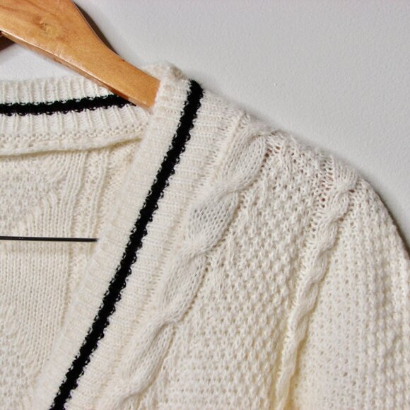 Cable Knit Cardigan Cream with Black Stripes Varsity Folklore Stars Large XL - Picture 4 of 9